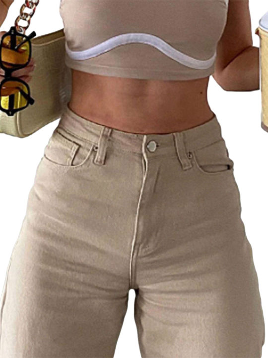 beautifultime-กางเกงยีนส์บานยืดของผู้หญิง-กางเกงสีทึบเอวสูงแนววินเทจมีกระเป๋าสไตล์-tiktok