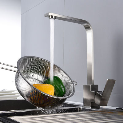 สแควร์ก๊อกน้ำห้องครัว360องศาหมุนอ่างล้างจานสแตนเลสแตะหมุนพวยเย็นและร้อนผสมน้ำประปาเครนจับเดียว