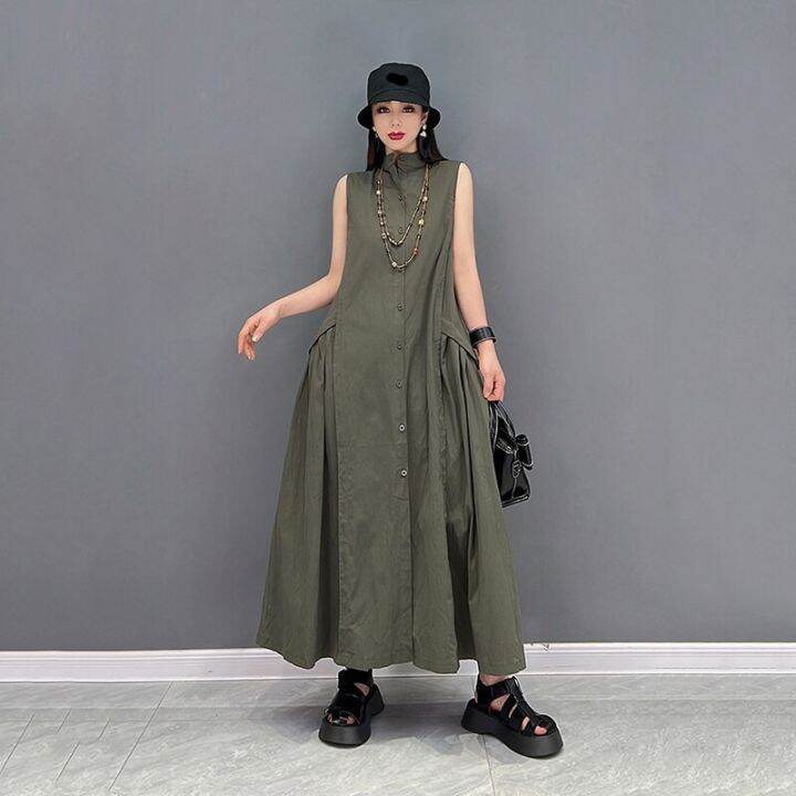 xitao-dress-loose-solid-color-casual-stand-collar-sleeveless-tanks-dress