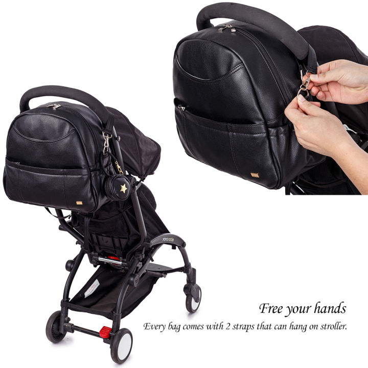 new-fashion-pu-black-diaper-backpack-for-baby-large-capacity-waterproof-pockets-diaper-bag-for-mother-travel-stroller-bag