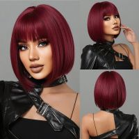 Short Wine Red Bob Wigs For Women Burgundy Bob Wigs With Thick Bangs Heat Resistant Synthetic Wig