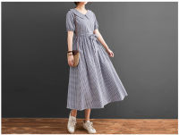 2021Mori Girl Summer Women Long Dress Peter Pan Collar Pink Green Blue Orange Black Plaid Dress Vintage Cotton Belt Oversized Dress