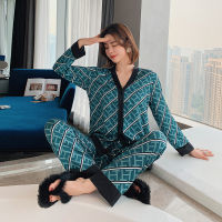 Spring New Luxury Style Womens Pajamas Set  Fashion Printed Letters Leisure Silk Like Leisure Home Clothes Nightwear Women