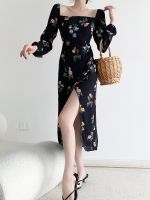 【HOT】 2023 spring and summer GAO grade tide ins French retro black floral dress female slim temperament long celebrity