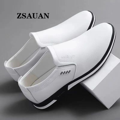 ZSAUAN รองเท้าหนังส้นเตี้ยสีขาวสำหรับผู้ชายสบายๆหนัง,รองเท้าโลฟเฟอร์รองเท้าผ้าใบรองเท้าบุรุษระบายอากาศใช้ได้ทุกวันผู้ชายรองเท้าส้นเตี้ยฤดูร้อน Comfort