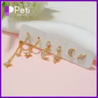 PETI JEWELLERY การออกแบบใหม่ สำหรับผู้หญิง ที่เจาะรู ดาวพระจันทร์ เพทายลูกบาศก์ จี้ต่างหูกระดูกอ่อน ต่างหูห่วงโซ่ เหล็กไร้สนิม