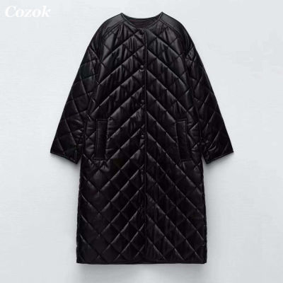 COZOK 2021 Autumn Winter Vintage Warm Black Leather Coat Female Casual Loose Streetwear Long Sleeve Parkas Midi Outwear Jacket