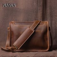 NASVA Retro First Layer Cowhide ผู้ชายและผู้หญิงกระเป๋าสี่เหลี่ยมเล็ก Handmade Original Crazy Horse หนังสบายๆไหล่กระเป๋าหนังแท้ Messenger กระเป๋า