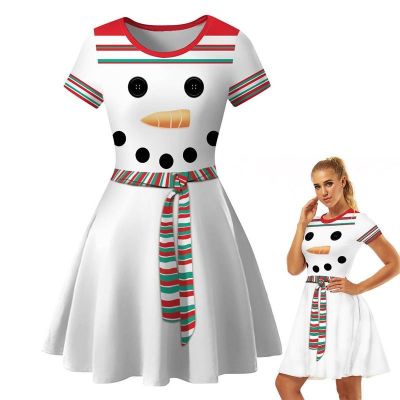 [Cos imitation] ชุดคริสต์มาสน่าเกลียดสำหรับผู้หญิงแขนสั้น Snowman ชุดลำลอง A Line รอบคอแปลกสบายๆสวิงปาร์ตี้คริสต์มาสชา