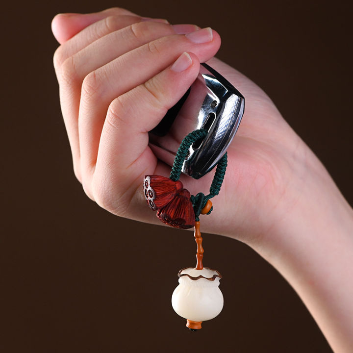 รากโพธิ์สีขาวสไตล์จีนแกะสลักพวงกุญแจดอกบัวจี้ถุงโชคดีโพธิ์พวงกุญแจเครื่องประดับแขวนผู้หญิง