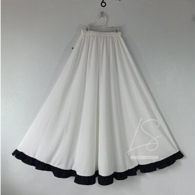 Long skirt กระโปรงผ้าพื้น กระโปรงผู้หญิง รุ่นทรงบาน แต่งระบายรอบชายกระโปรง กระโปรงยาว SK-A66 เอวยางยืด เอว 22-40นิ้ว ความยาว 38นิ้ว