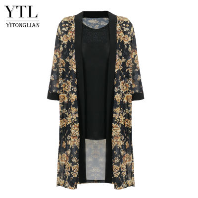 YTL Women Summer Floral Outwear Open Front Top Long Tunic Beach Casual Loose Blouse Shirt Two Pieces Set Plus Size Cardigan H432