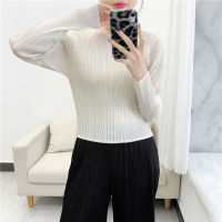 Spring And Autumn New Pleated Top Womens Short Long-Sleeved T-Shirt Slim-Fit Slimming Urban Casual Womens Clothing