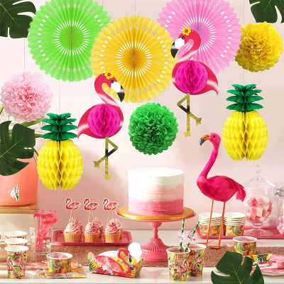 Hawaiian Pink Flamingo Lantern Set Tropical Rainforest Pineapple Theme Honeycomb Paper Flower Ball birthday Party Home Decor