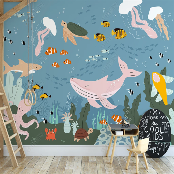 Underwater World Cartoon Whale Tropical Fish Wallpaper Children's Room ...