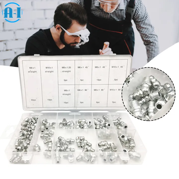 110Pcs Boxed Grease Fitting Assortment Kits Portable Metal Grease Nipple Fitting Practical