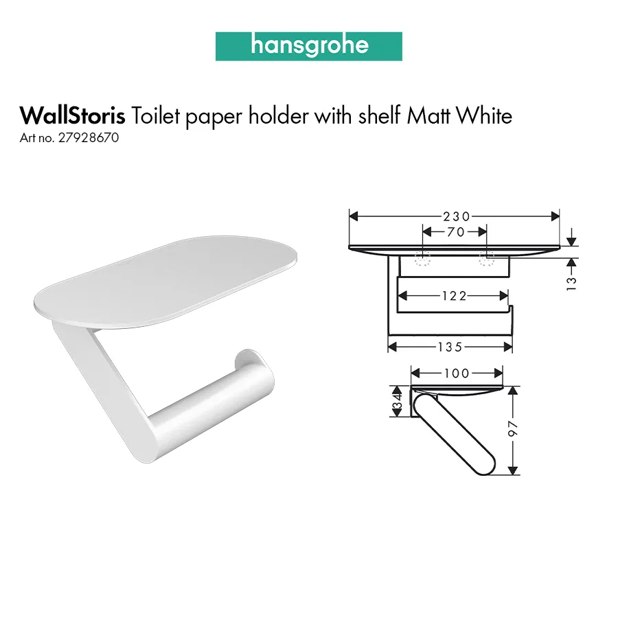 Hansgrohe 27928670 WallStoris Toilet Paper Holder with Shelf in