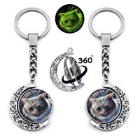 Luminous Cheshire Cat Keychain 360 Degree Rotation Moon Pendant Metal Keyring Bag Charm Holder Car Keychains Gifts for Girls