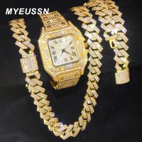 Gold Color Watch Hip Hop Miami Curb Cuban Chain Iced Out Paved Rhinestones Bling Rapper Necklace+Watch+Bracelet Jewelry For Men Fashion Chain Necklace