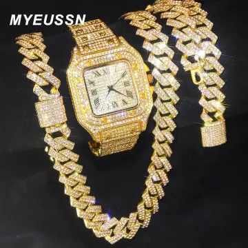 Hip Hop Rapper Iced Out Watch for Men Iced Out Paved Rhinestones 12MM Miami  Curb Cuban Chain CZ Bling Necklaces for Mens Jewelry