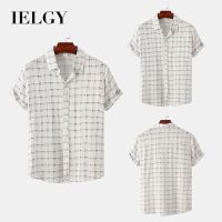 IELGY เสื้อแขนสั้นลายสก็อตผู้ชาย,เสื้อทรงสลิมฟิตผู้ชาย