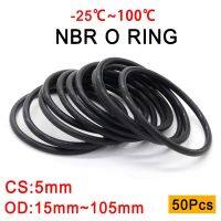 50pcs NBR O Ring Seal Gasket CS 5mm OD 15~105mm Nitrile Butadiene Rubber Spacer Oil Resistance Washer Round Shape Black Bearings Seals