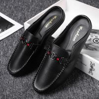 Mens Summer Fashion PU Leather Casual Mules Man Breathable Flat Soft Half Loafer Slipper Male Slip-on Comfy Half Leisure Sandal