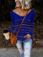 ✁❣♀ Womens Pullover Loose Sweater Striped Color Blocking V Neck Knit Sleeve