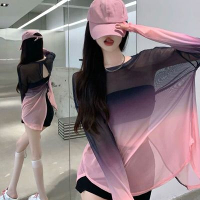 ‘；’ MEXZT  Hollow Out Backless T Shirts Women Gradient Ice Silk Loose Sunscreen Shirts Summer Gothic See Through Blouses Tops
