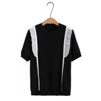 【มีไซส์ใหญ่】Plus Size Womens Short Sleeve Ice Silk Knitted Summer Shirts Oversized Lace Patchwork White Black Female Tops