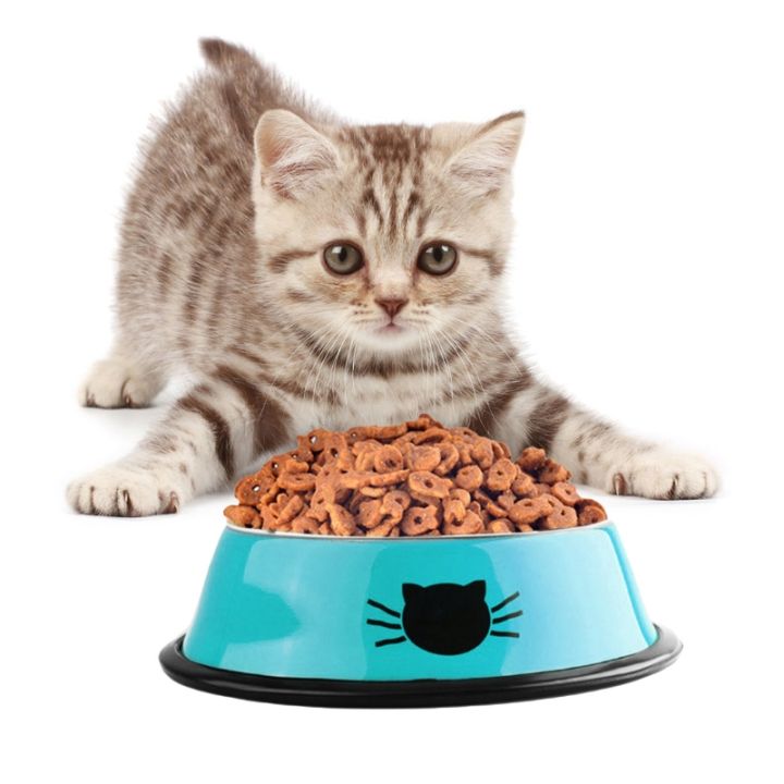 2x-สำหรับแมวชามชุดอาหารน้ำในร่มสแตนเลสพื้นฐานสัตว์เลี้ยงขนาดเล็กชามใส่อาหารจานที่ถอดออกได้ฐานน่ารักแมว-painte