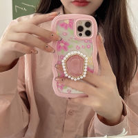 For 13 Case Pink Flower Drill Holder Phone Case For 12 11 Pro Max X XR XS Max Twisted Edge Shockproof TPU Cover