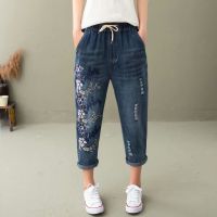 【มีไซส์ใหญ่】M-3XL Women Jeans Cropped Denim Pants Vintage Floral Embroidery 8/10 Trousers HOT ●8/14✺♂❆