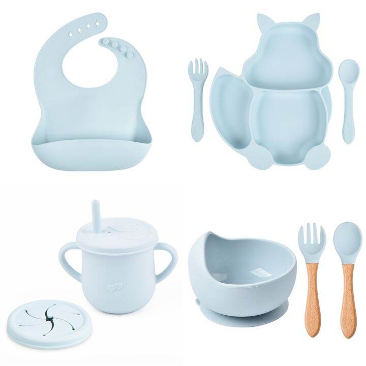 4-6-8pcs-baby-soft-silicone-suction-cup-bowl-dinner-plate-cup-bib-spoon-fork-set-anti-slip-cutlery-for-kids-feeding-dinner-plate