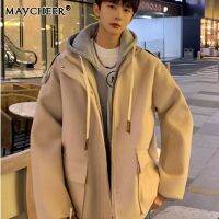 MAYCHEER แจ็กเก็ตสองชิ้นแบบหลวมของผู้ชายกันลมขนสัตว์สีทึบง่ายซิปเสื้อกันลมแบบลำลอง