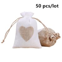 50 Pcs/Lot Heart Printing Jute Drawstring Bags 10x14cm Jewelry Small Pouches Wedding Christmas Gift Package Pocket