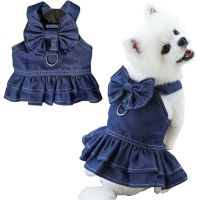 Dog Denim Dresses for Small Medium Dogs Summer Girl Puppy Clothes with D Ring &amp; Cute Bow Knot Pet Cat Dog Walking Harness Skirt Dresses