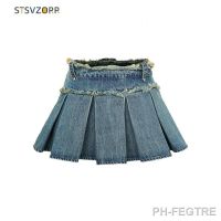 【LZ】㍿✈  Strsvzorr denim saia curta verão nova versão coreana moda menina nicho plissado borda crua saia plissada