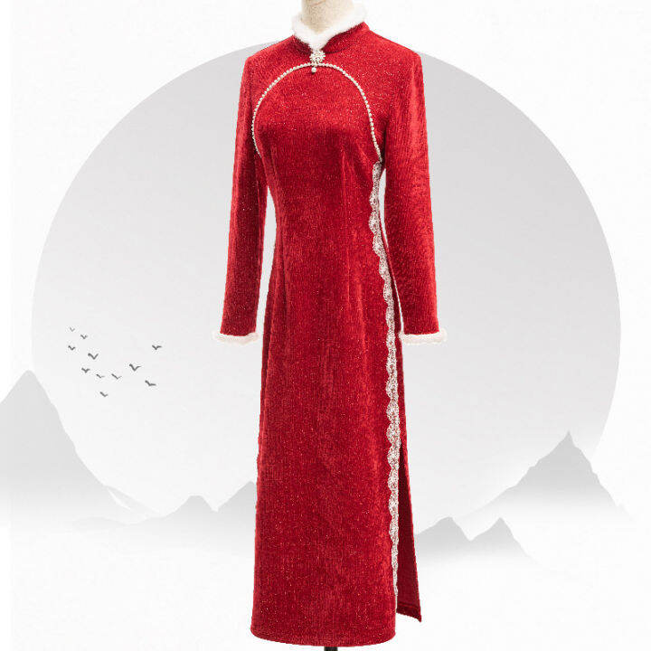 cw-autumn-and-winter-red-cheongsam-chinese-style-2023-new-years-greetings-r-thickened-chenille-improved-qipao-dress-for-women