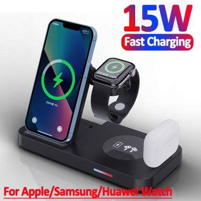 ﹍♣✒ 4 in 1 15W Fast Wireless Charger Stand Foldable Charging Station For Apple Watch Samsung Huawei iPhone 14 13 12 Pro Max AirPods