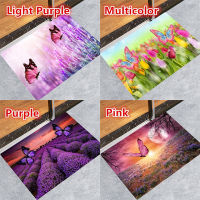 3D Butterfly and Flowers Soft Flannel Floor Area Rug for Kitchen, Living Room, Bedroom, Bathroom Water absorption Non-slip Mats