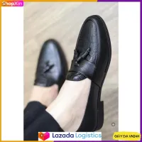 {ĐẾ KHÂU CỰC BỀN} Giày lười da nam dập vân cá sấu có chuông - Đế cao su non cao 3cm Mã x091C Màu Đen- Hàng Việt