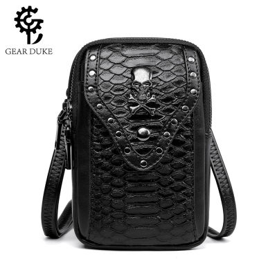 New Pu Leather Skull Snake Pattern Womens Cross-Body Bag Outdoor Single-Shoulder Bag Mobile Phone Bag Travel Pouch