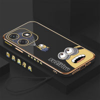 GGK For Tecno Spark 10 Spark 10C ฟรีสายคล้องรูปการ์ตูนน่ารักตุ๊กตาร่มชูชีพ Minios เคสขอบสี่เหลี่ยมลวดลายชุบเคสโทรศัพท์นิ่มเคสโทรศัพท์ชุบหรูหรา