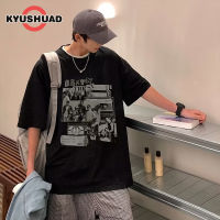 KYUSHUAD อเมริกาแบบย้อนยุคเสื้อแขนสั้นผู้ชาย,เสื้อยืดการ์ตูนแขนสั้นหลวมอินเทรนด์แขนสั้นเด็กชายถนนขนาดใหญ่