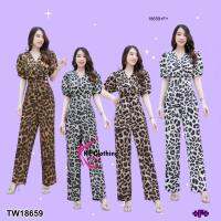 P18659  Jumpsuit t จั้มสูท ขายาว จีบอกลายเสือ