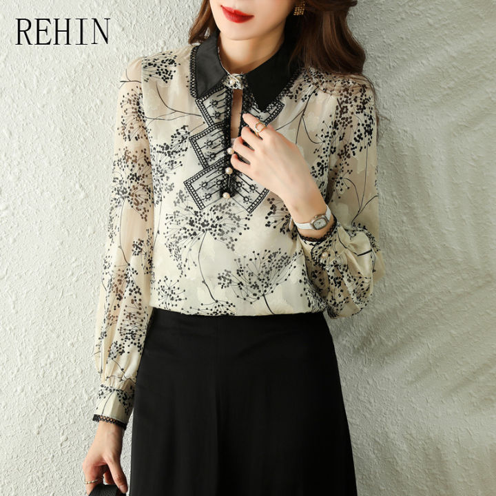 เสื้อสตรี-rehin-ใหม่เกาหลีพิมพ์เสื้อแขนยาว-jacquard-ดอกไม้พิมพ์เสื้อชีฟอง