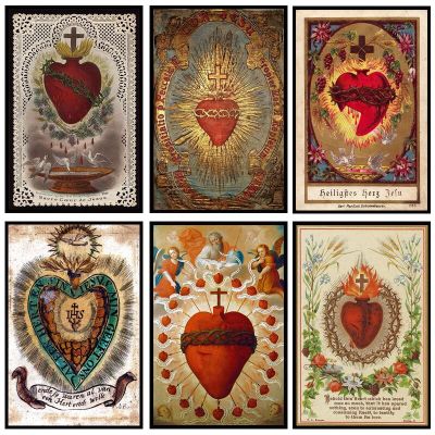 Retro Sacred Heart Of Jesus ผ้าใบโปสเตอร์ศาสนา Consecated ภาพวาดพิมพ์ Wall Art รูปภาพสำหรับโบสถ์ตกแต่งบ้าน Cuadros