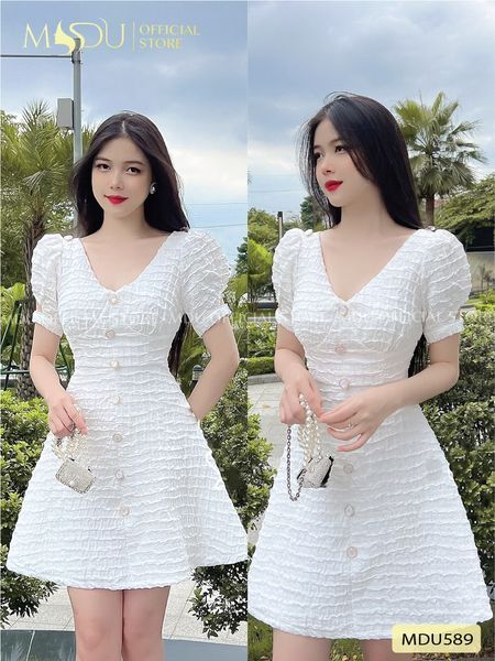 Váy Đầm Trắng Nữ Xốp Gấm Tay Bồng Cổ Chữ V Phối Cúc Kiểu Dáng Sang Chảnh    Hazomicom  Mua Sắm Trực Tuyến Số 1 Việt Nam