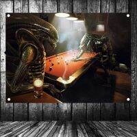 Alien VS Predator Play Billiards Vintage Movie Posters High Quality Print Art Canvas Banner Four-hole Flag Background Wall Decor